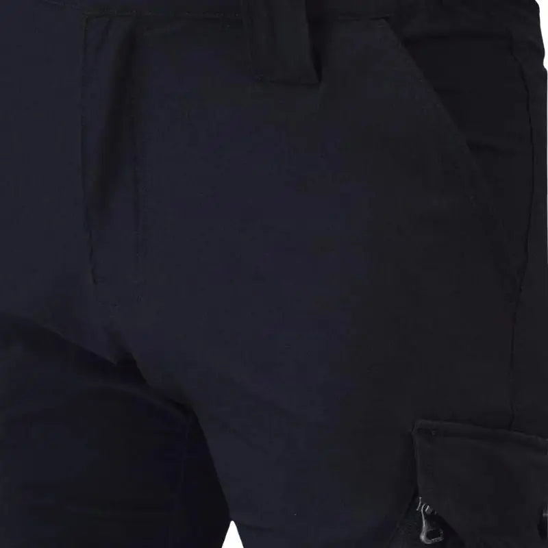 Black men's nylon lycra stretchable cargo pants by Indian Sports Gear, featuring multiple pockets and a comfortable fit.