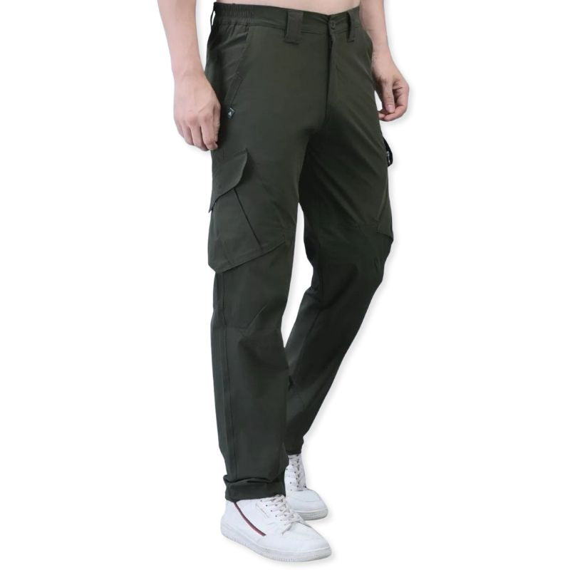 Green men's stretchable nylon Lycra cargo pants by Indian Sports Gear, showcasing a comfortable, flexible design for active wear.