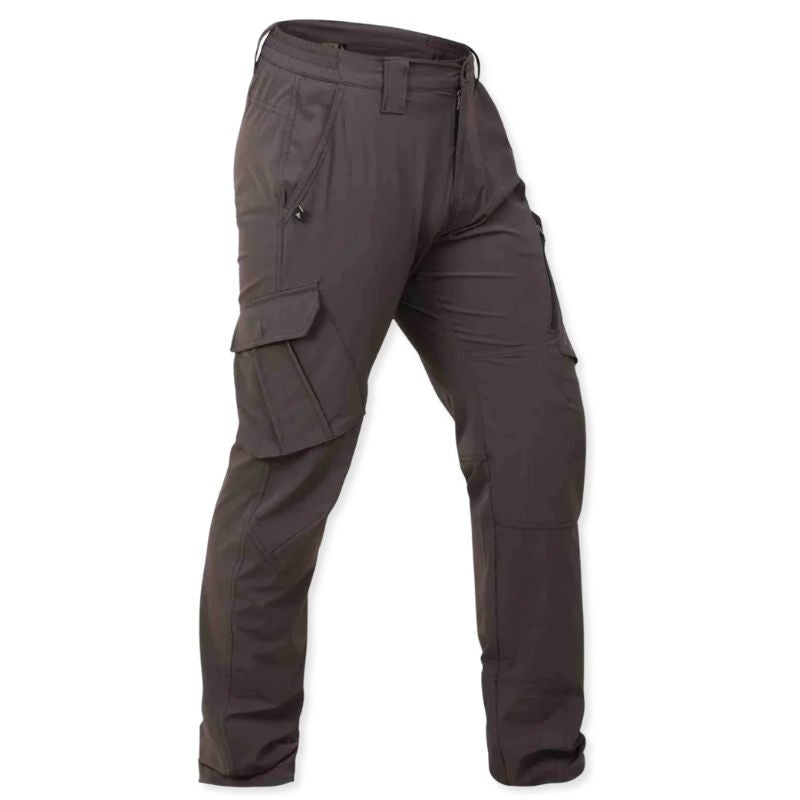 Stretchable men's nylon Lycra cargo pants by Indian Sports Gear, shown in grey with a relaxed fit and multiple pockets.