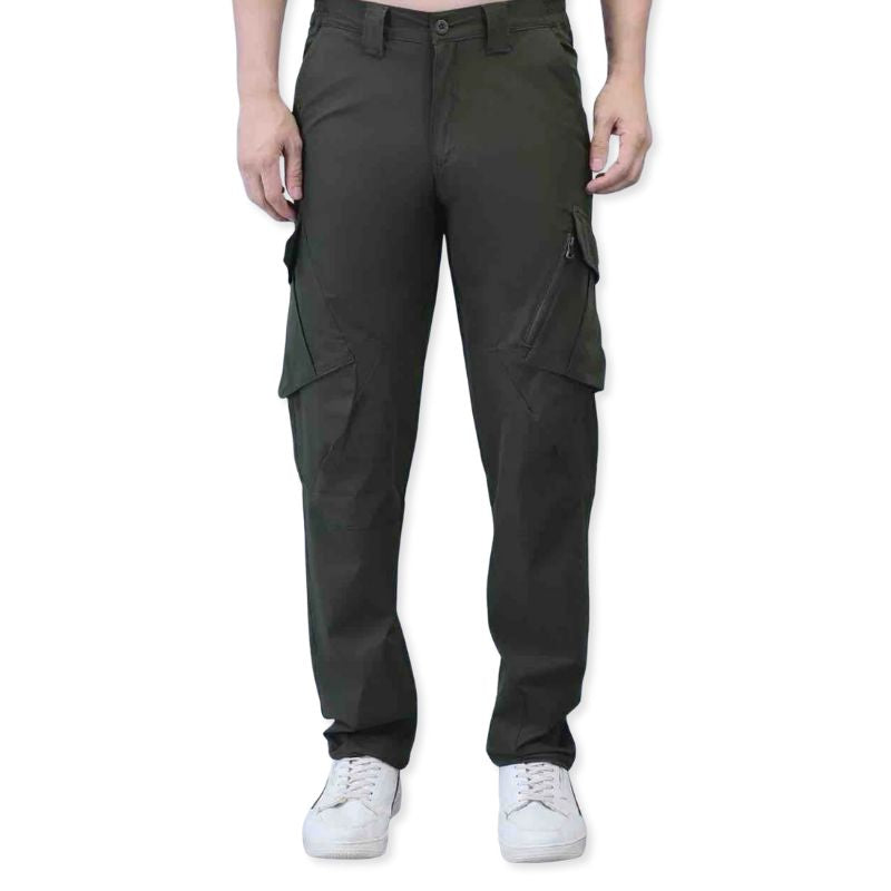 Green men's stretchable nylon Lycra cargo pants by Indian Sports Gear, designed for comfort and active wear.