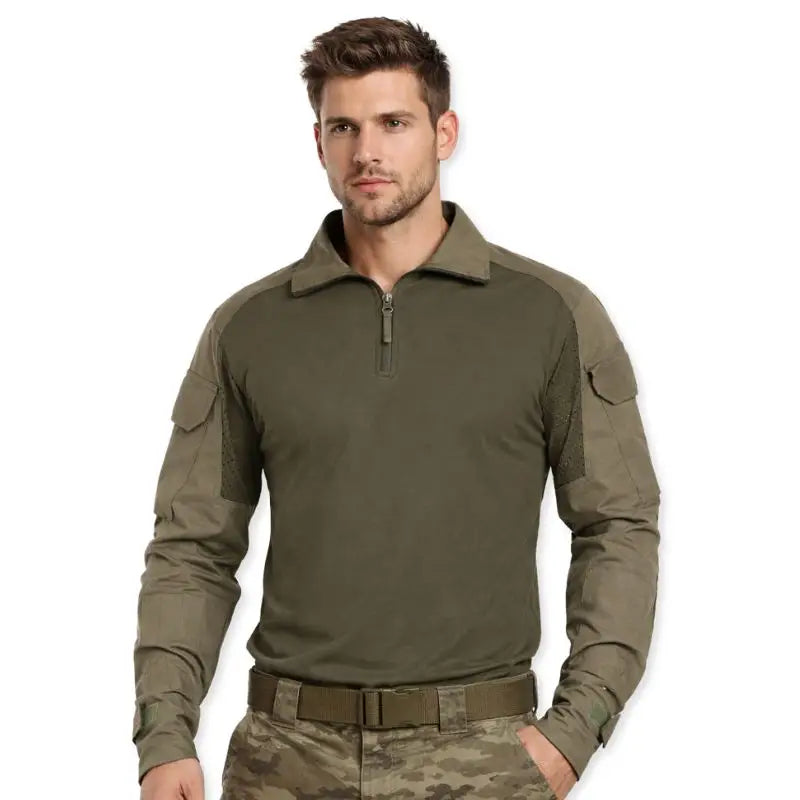 Indian Sports Gear men's tactical full sleeves T-shirt in green, regular fit, made for sports and active wear.
