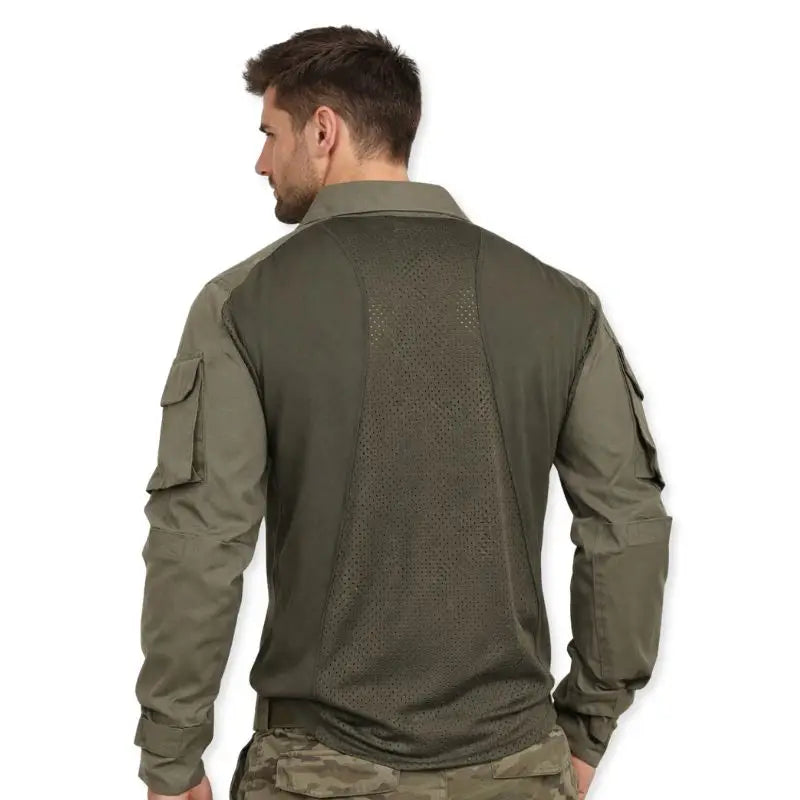 Green men's tactical full sleeves T-shirt by Indian Sports Gear, regular fit, made for sports and outdoor activities.