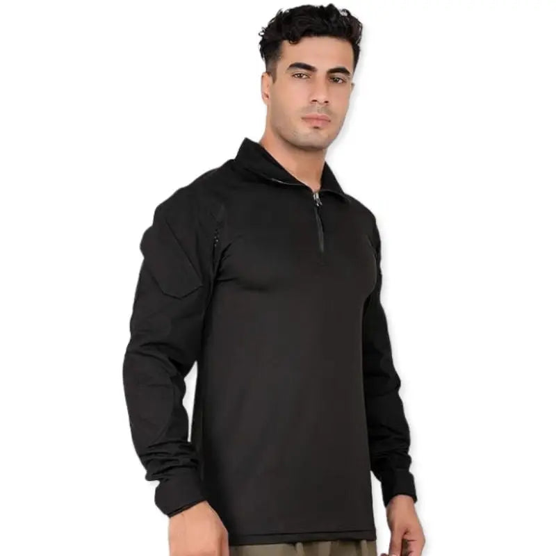 Black men's tactical full sleeve T-shirt by Indian Sports Gear, regular fit, comfortable for sports and outdoor activities.