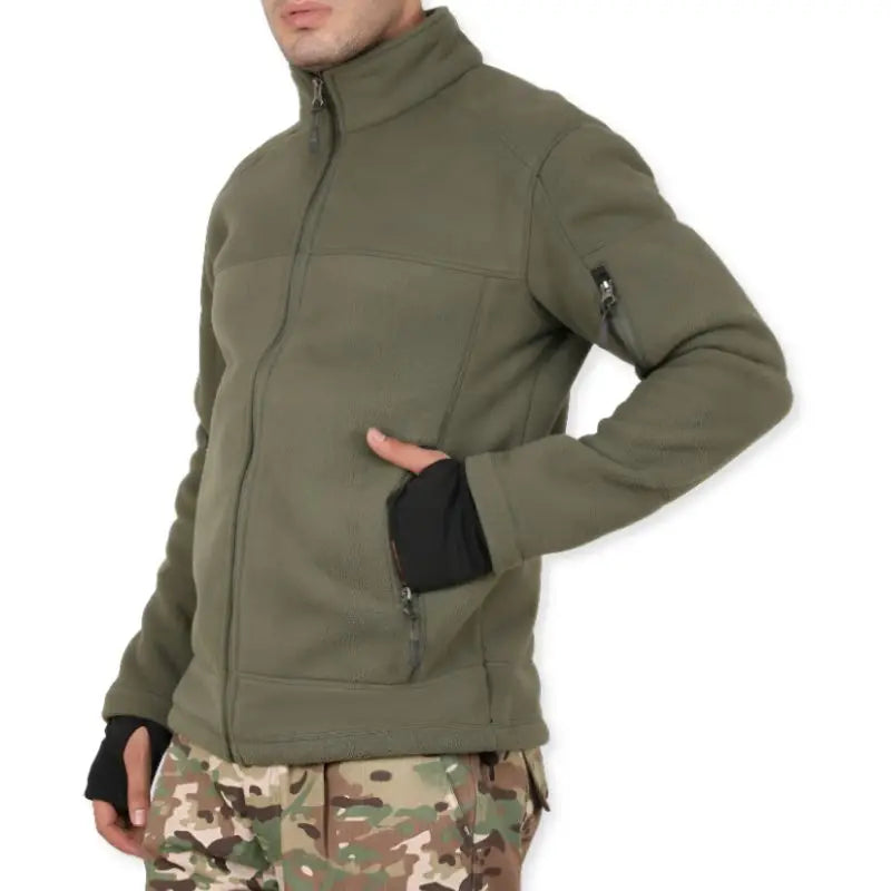 Indian Sports Gear men's solid army tactical winter jacket, green, with multiple pockets and a high collar, designed for cold weather.