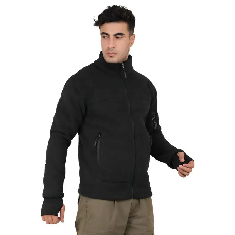 Indian Sports Gear men's solid army tactical winter jacket, black, with a high collar and multiple pockets for outdoor cold weather wear.