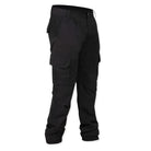 Black men's tactical cargo pants by Indian Sports Gear with multiple pockets and rugged design for outdoor and tactical use.