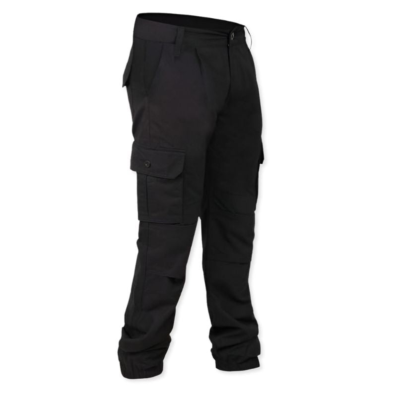 Black men's tactical cargo pants by Indian Sports Gear with multiple pockets and rugged design for outdoor and tactical use.