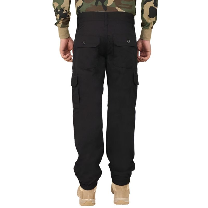 Black men's tactical army cargo pants from Indian Sports Gear, durable military-style cargo and pants for outdoor activities.