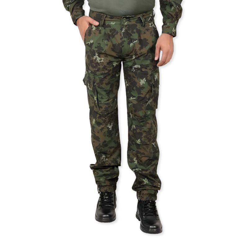 Indian Sports Gear men's tactical army cargo pants in digital camouflage with multiple pockets and rugged design.