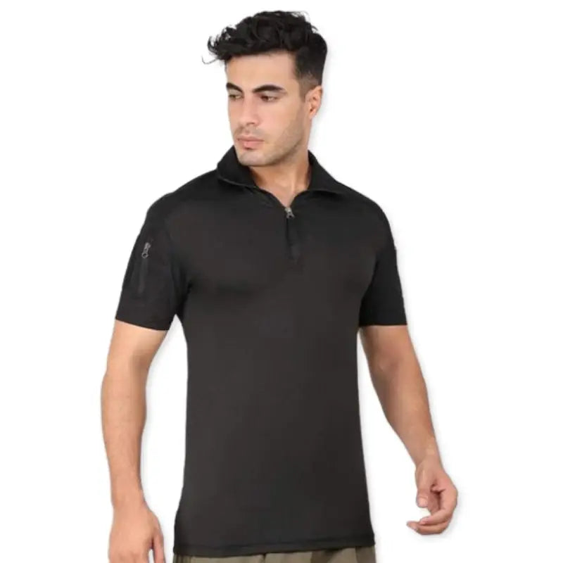 Indian Sports Gear men's tactical half sleeves T-shirt with 1/4 front zipper, lightweight black athletic top.