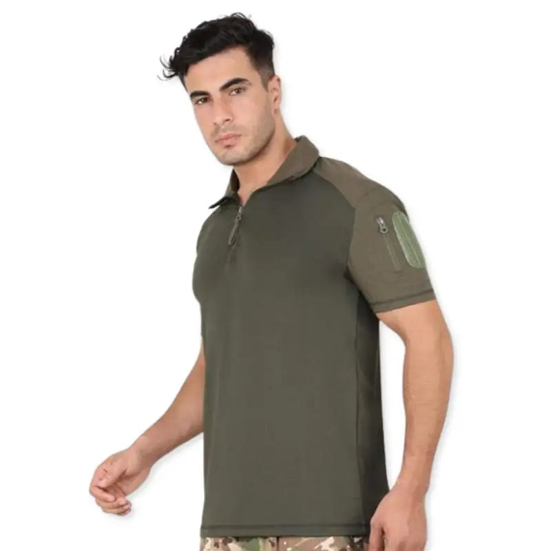 Indian Sports Gear men's tactical half-sleeve T-shirt with 1/4 front zipper, lightweight green fabric, suitable for active wear.