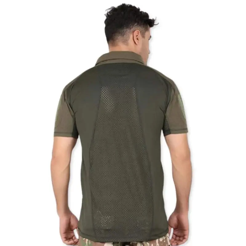 Indian Sports Gear men's tactical half-sleeve T-shirt with front zipper in green, lightweight fabric for active wear.