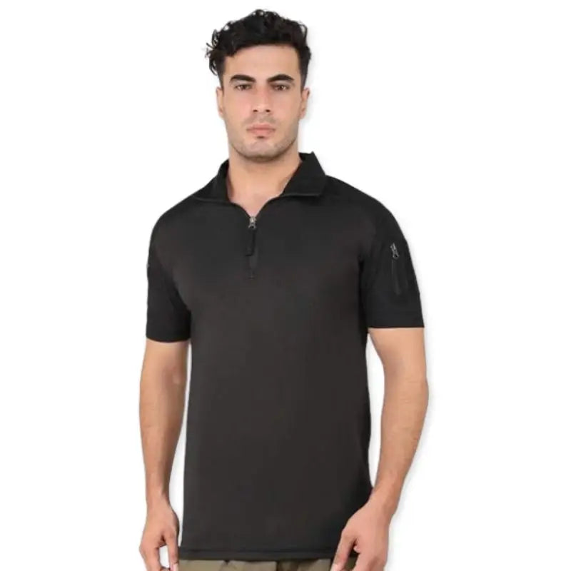 Indian Sports Gear men's tactical half sleeves T-shirt with front zipper, lightweight black athletic shirt for active wear.