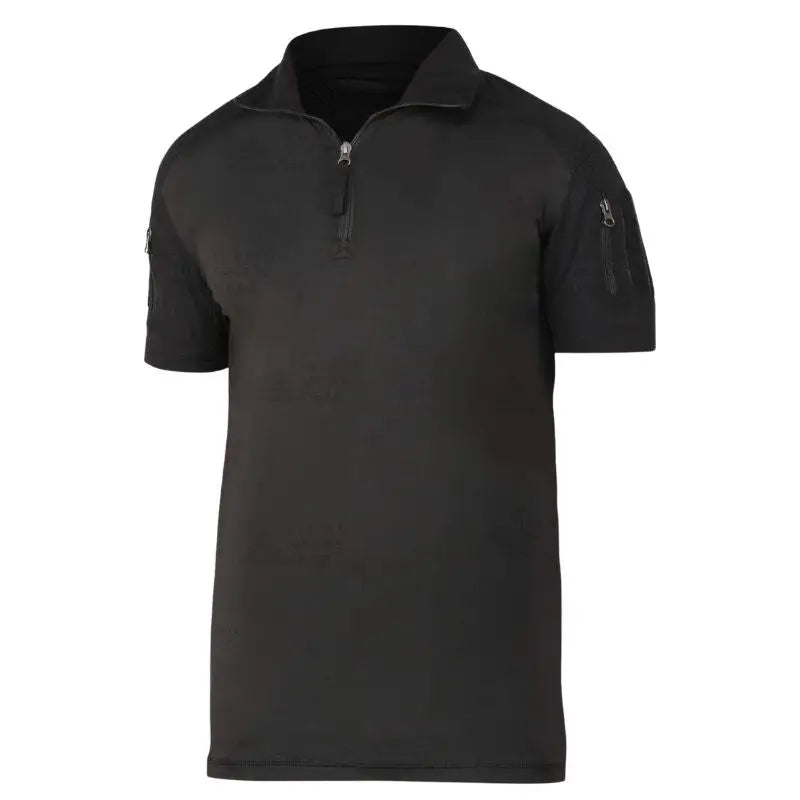 Indian Sports Gear men's tactical half-sleeve T-shirt with front zipper, lightweight black fabric, ideal for sports and active wear.