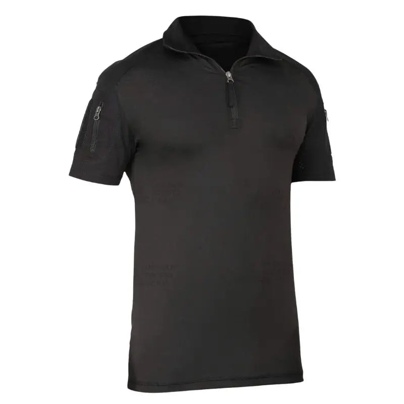 Indian Sports Gear men's tactical half-sleeve T-shirt with 1/4 front zipper, lightweight black fabric, ideal for active wear.