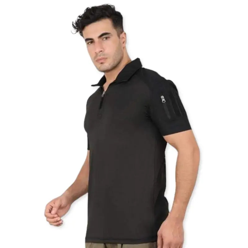 Indian Sports Gear men's tactical half sleeves T-shirt with 1/4 front zipper in black, lightweight sports apparel.