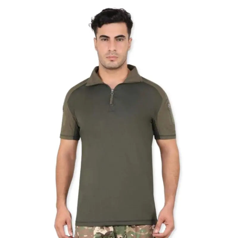 Green Indian Sports Gear men's tactical half-sleeve T-shirt with quarter-front zipper, lightweight and comfortable for active wear.