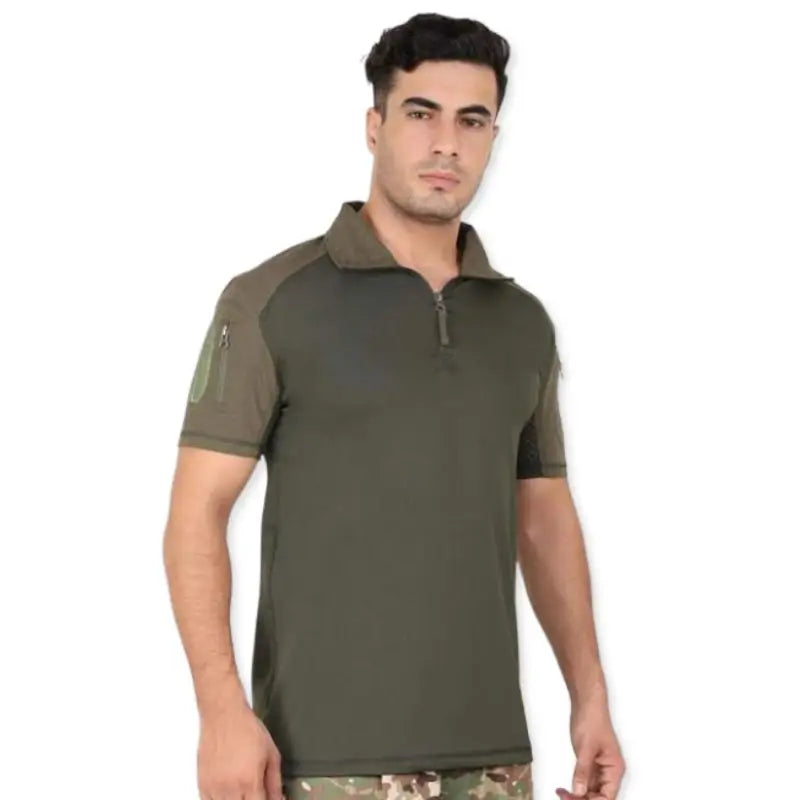 Indian Sports Gear men's tactical half sleeves T-shirt with 1/4 front zipper in green, lightweight and suitable for sports.