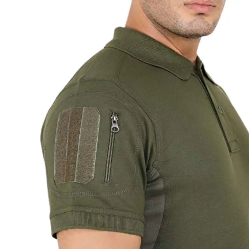 Indian Sports Gear men's tactical polo T-shirt with front buttons and Velcro pockets, in green, designed for active wear.