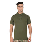 Green men's tactical polo T-shirt by Indian Sports Gear with front buttons and Velcro pockets, designed for active sports wear.