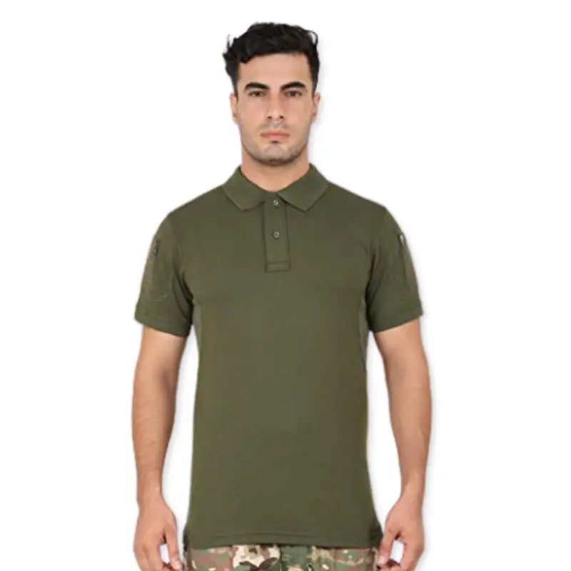 Green men's tactical polo T-shirt by Indian Sports Gear with front buttons and Velcro pockets, designed for active sports wear.