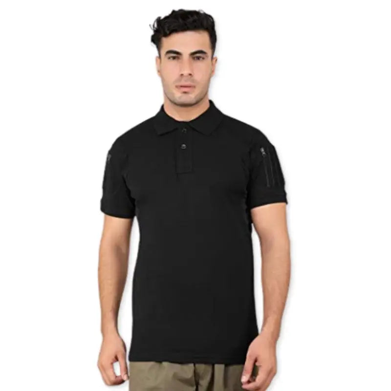 Black men's tactical polo T-shirt by Indian Sports Gear with front buttons and Velcro pockets, designed for active wear.