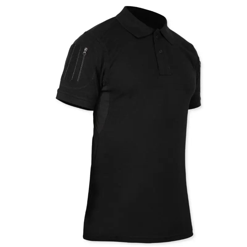 Black men's tactical polo T-shirt by Indian Sports Gear with front buttons and Velcro pockets, designed for active wear.
