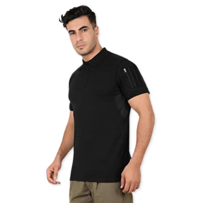 Indian Sports Gear men's tactical polo T-shirt with front buttons and Velcro pockets, black color, casual and functional design