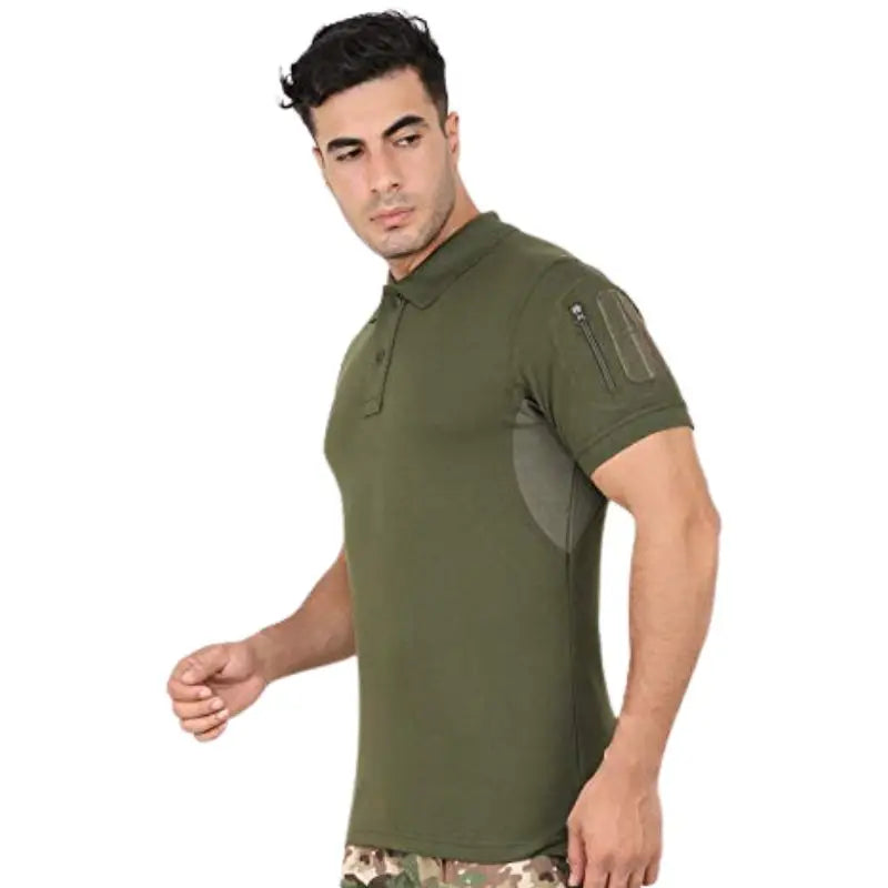 Green men's tactical polo T-shirt by Indian Sports Gear with front buttons and Velcro pockets, designed for active wear.