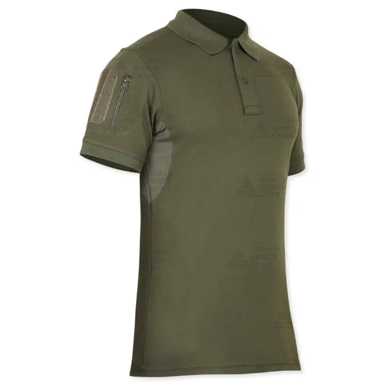 Green men's tactical polo T-shirt by Indian Sports Gear with front buttons and Velcro pockets, designed for active sports wear.