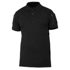 Black men's tactical polo T-shirt by Indian Sports Gear with front buttons and Velcro pockets, designed for active sports wear.