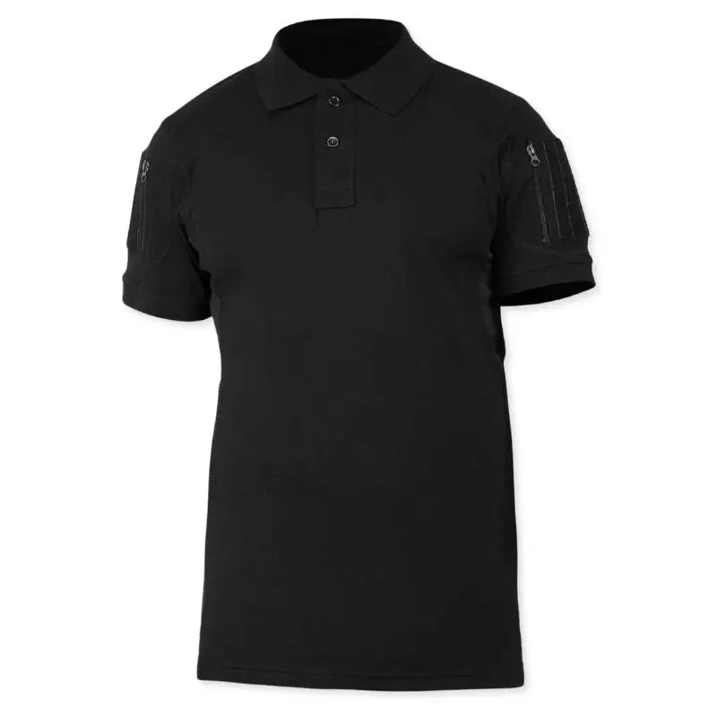 Black men's tactical polo T-shirt by Indian Sports Gear with front buttons and Velcro pockets, designed for active sports wear.