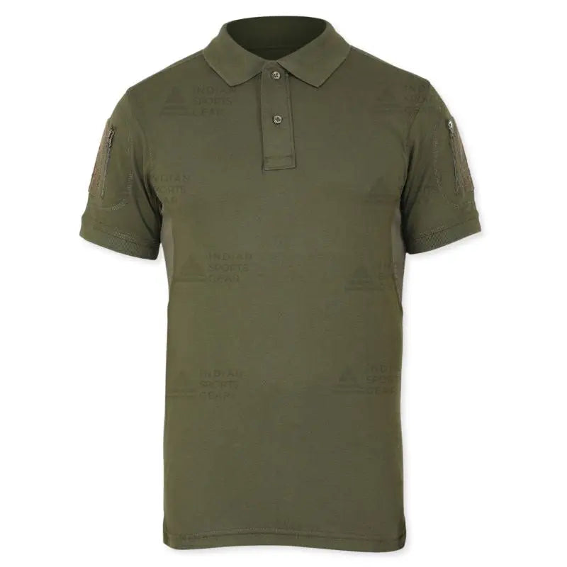 Green men's tactical polo T-shirt by Indian Sports Gear featuring front buttons and Velcro pockets, ideal for active wear.
