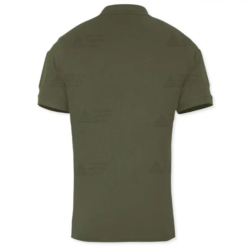 Green men's tactical polo T-shirt by Indian Sports Gear with front buttons and Velcro pockets, designed for active wear.