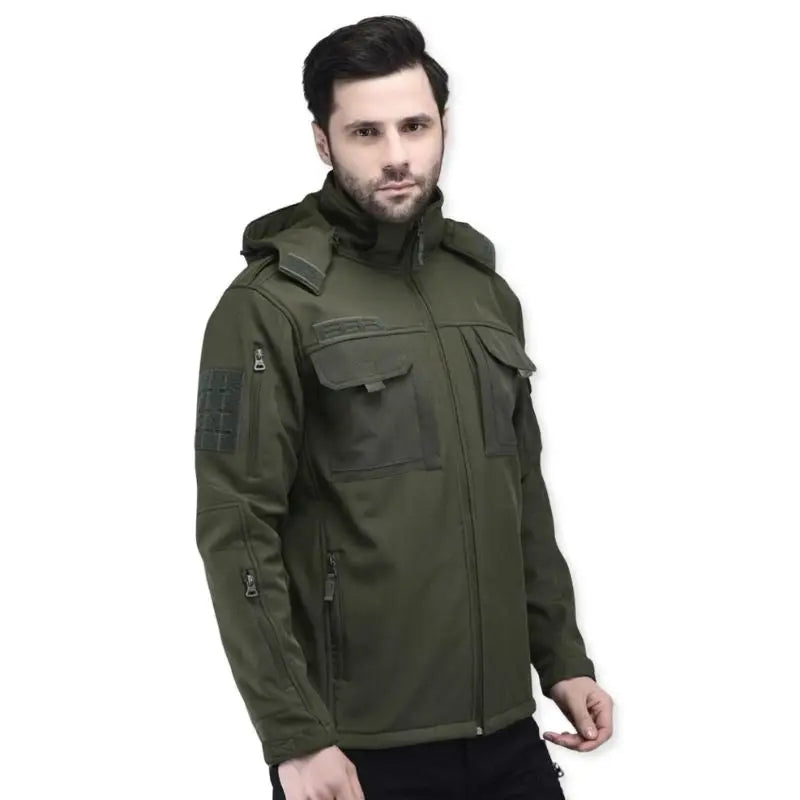 Indian Sports Gear men's tactical soft shell wind jacket in green, windproof and water-resistant for outdoor sports and activities.