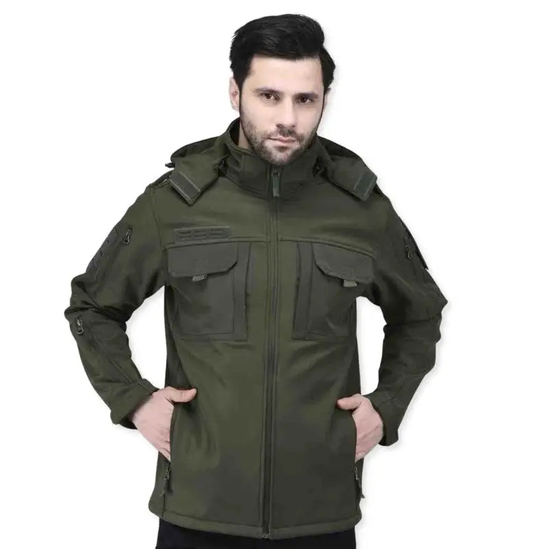 Indian Sports Gear men's tactical soft shell wind jacket in green, water-resistant and windproof for outdoor sports and activities.