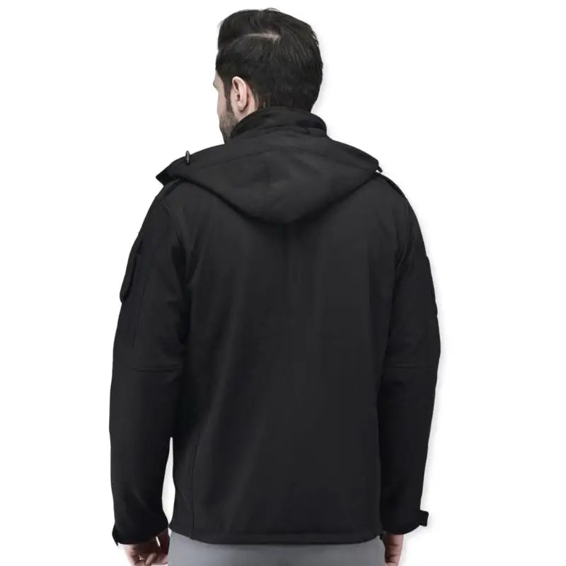 Indian Sports Gear men's tactical soft shell wind jacket in black, windproof and water-resistant for outdoor sports and activities.