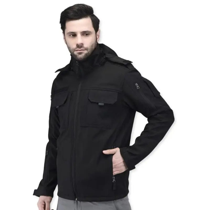 Indian Sports Gear men's tactical soft shell wind jacket, black, water-resistant, windproof, suitable for outdoor sports and activities.