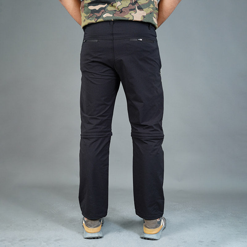 JAG Men's Delta 2.0 convertible trekking and hiking pants in black and gray with six cargo pockets, designed for outdoor wear.