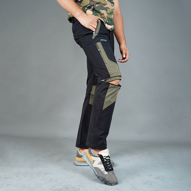 Black JAG men's Delta 2.0 convertible trekking and hiking pants with six pockets, designed for outdoor adventures.