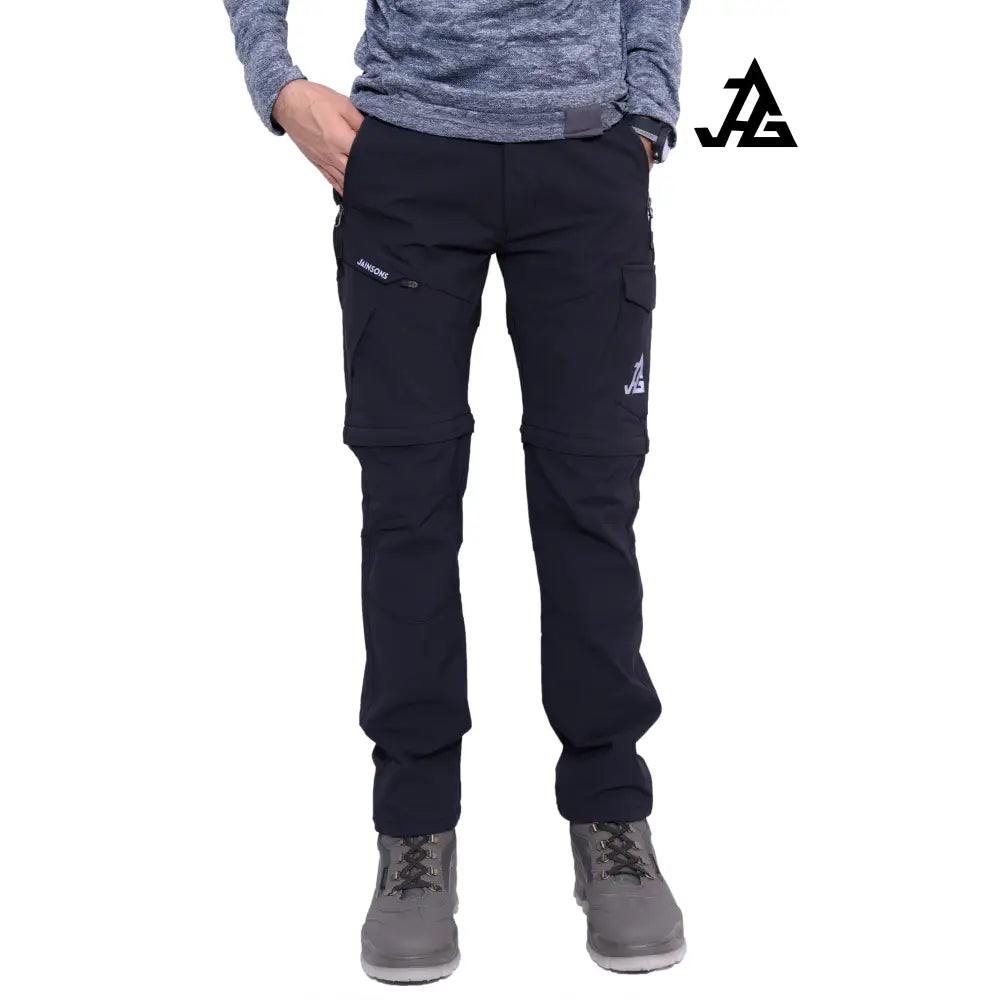 Black JAG men's Discovery Series convertible trekking and hiking pants with cargo pockets, suitable for travel and outdoor activities.