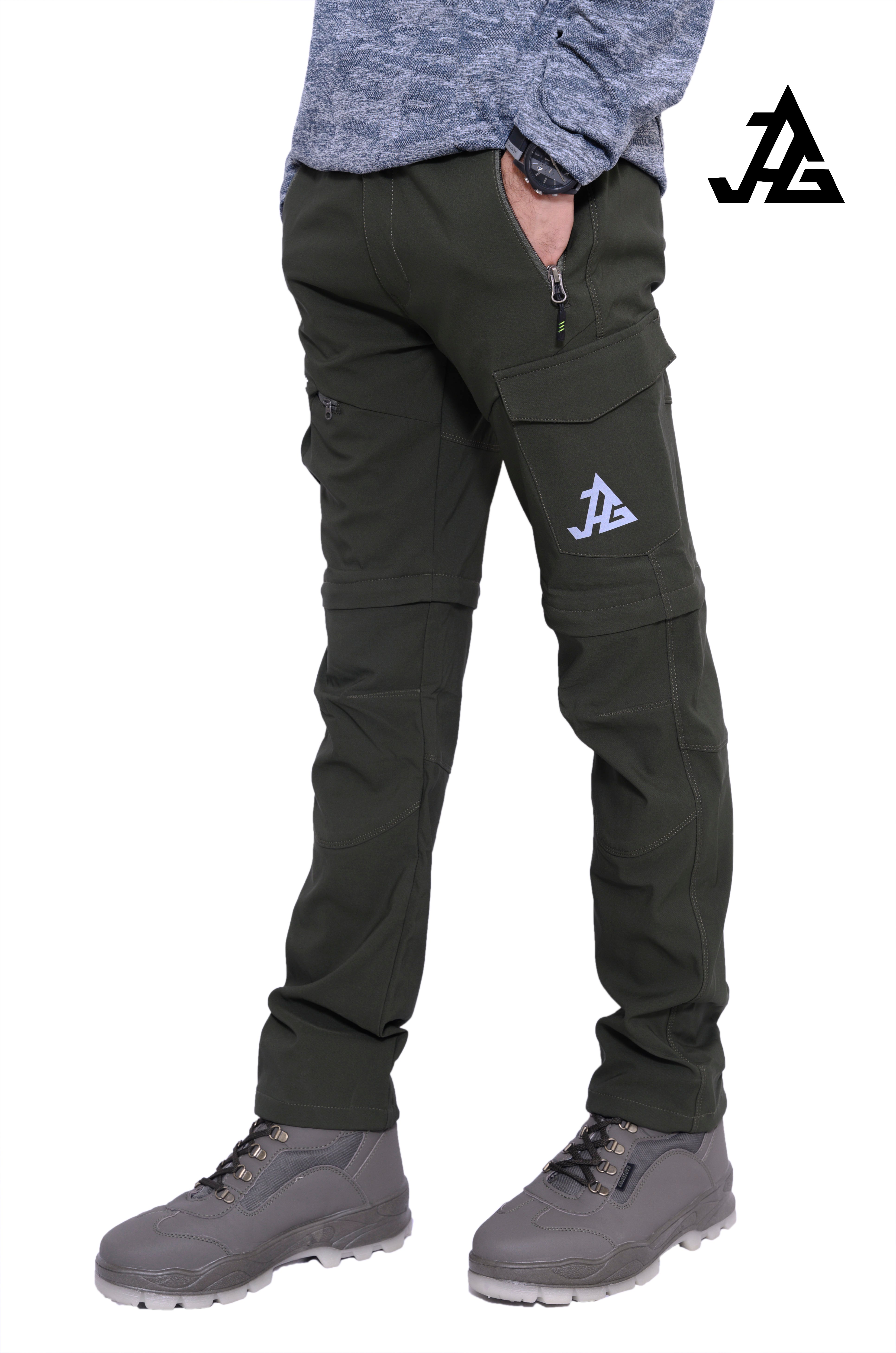 JAG Men's Discovery Series convertible trekking and hiking pants in gray with multiple cargo pockets and adjustable ankle zippers