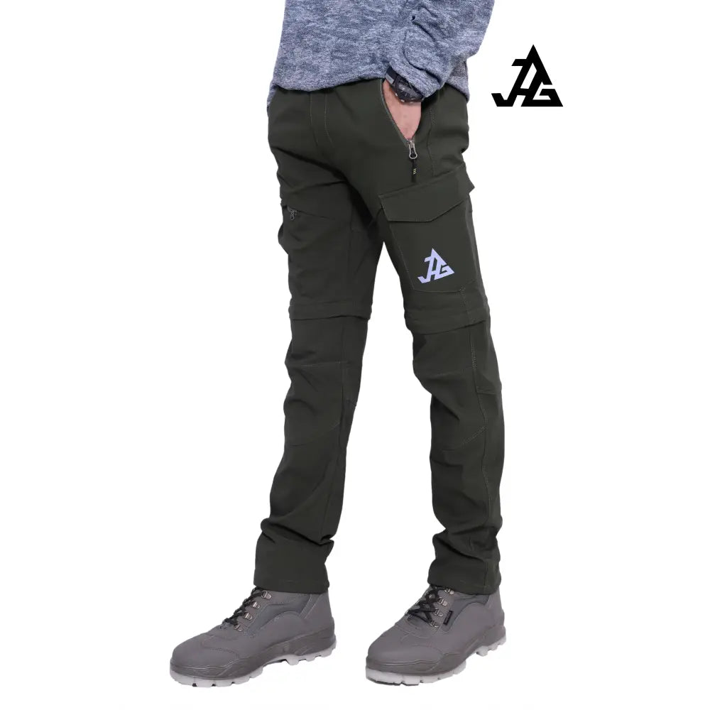 JAG Men's Discovery Series convertible trekking and hiking pants in gray with multiple cargo pockets and adjustable ankle zippers