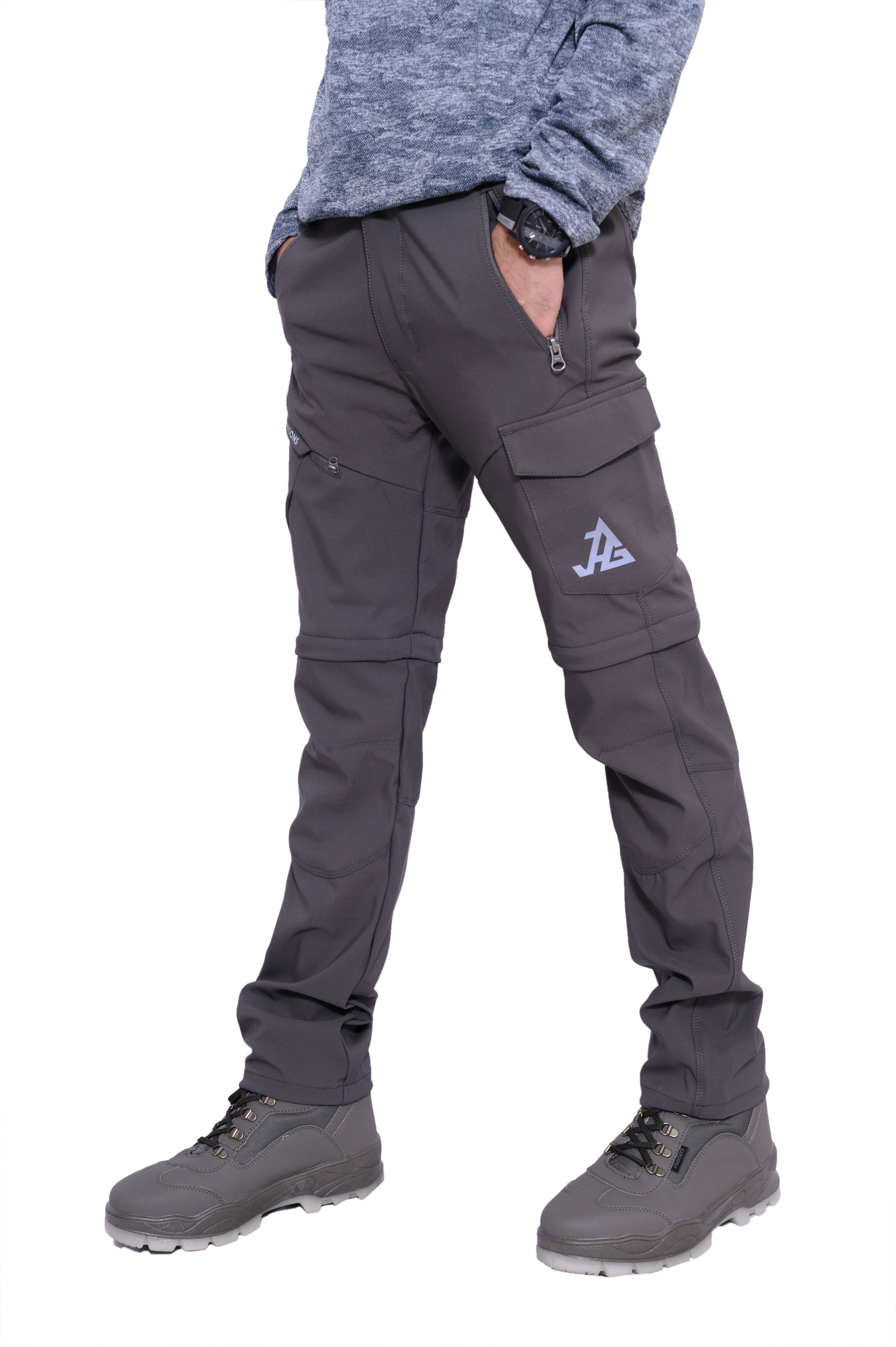 Men's gray JAG Discovery Series convertible hiking and travel pants with cargo pockets and adjustable features.
