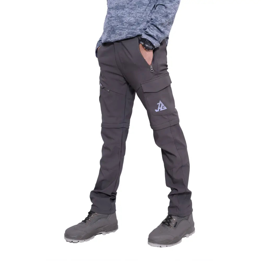 Men's gray JAG Discovery Series convertible hiking and travel pants with cargo pockets and adjustable features.