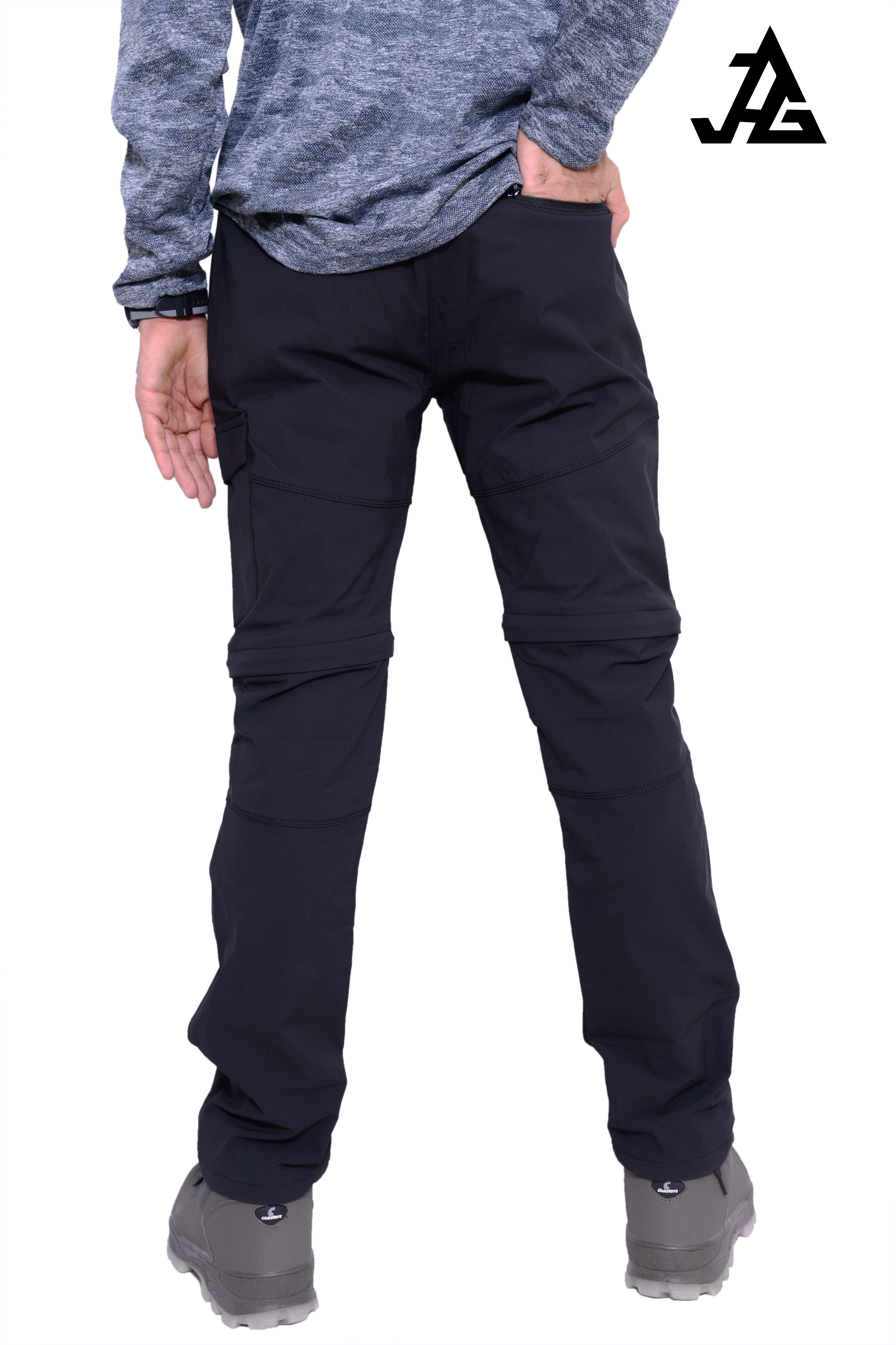 Black JAG Men's Discovery Series convertible trekking and hiking pants with multiple cargo pockets, suitable for travel and outdoor adventures.