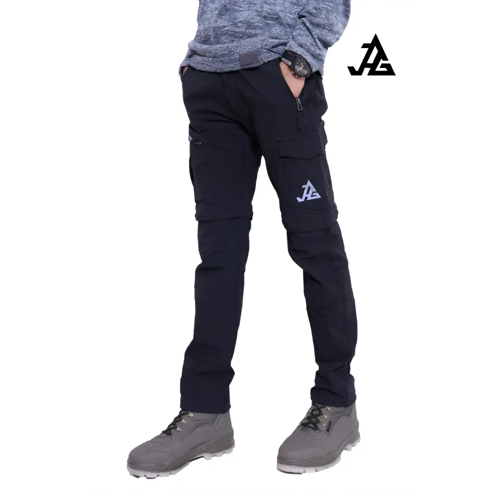 Black JAG men's Discovery Series convertible trekking and travel pants with multiple pockets and adjustable features.