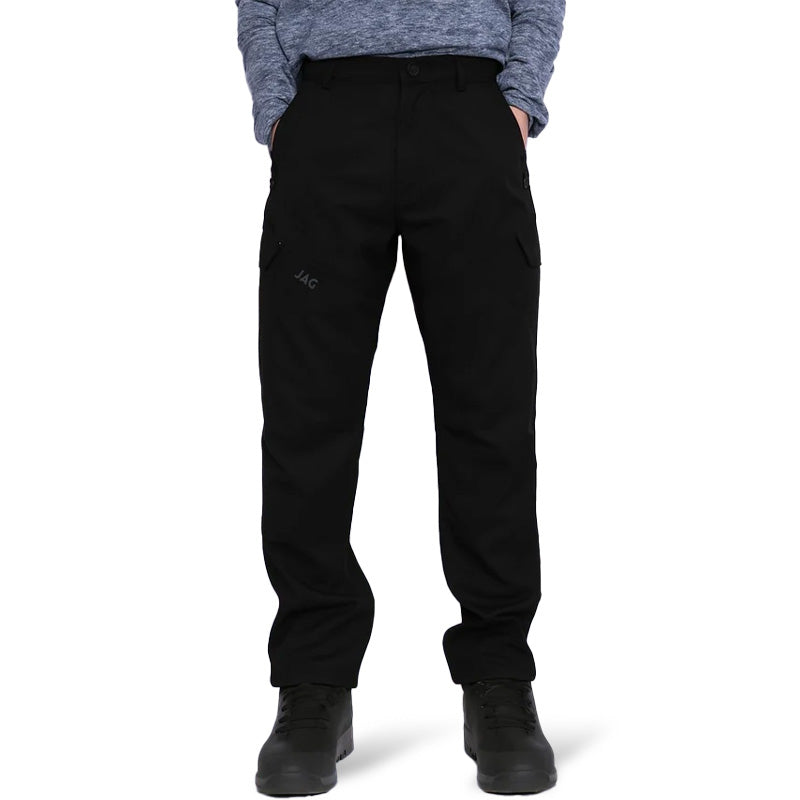 JAG men's snow-proof Mt. Kailash trekking pants in black and gray with multiple pockets, designed for hiking and outdoor activities.