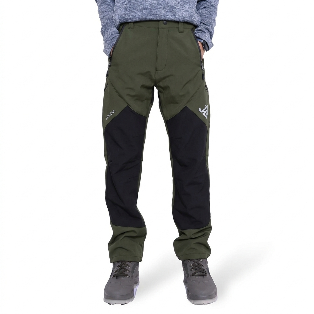 Olive and black JAG men's snow-proof trekking and hiking cargo pants with five pockets, designed for outdoor adventures.