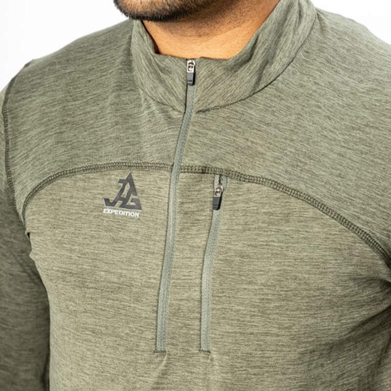 JAG men's UPF 50+ Summit Seeker Series full sleeves T-shirt in olive green, showing the front design and fabric texture.